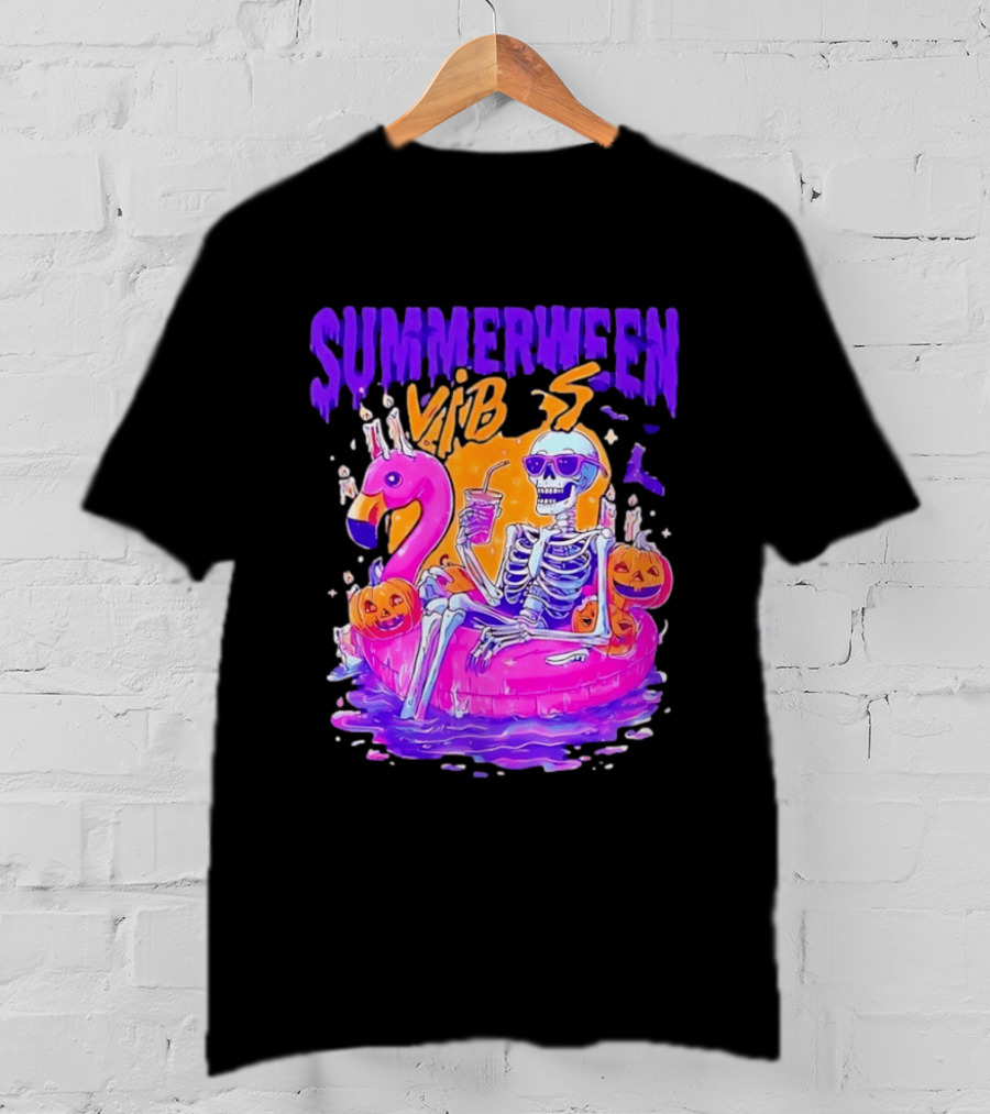 Summerween Vibes Skeleton On Flamingo With Pumpkins T-Shirt