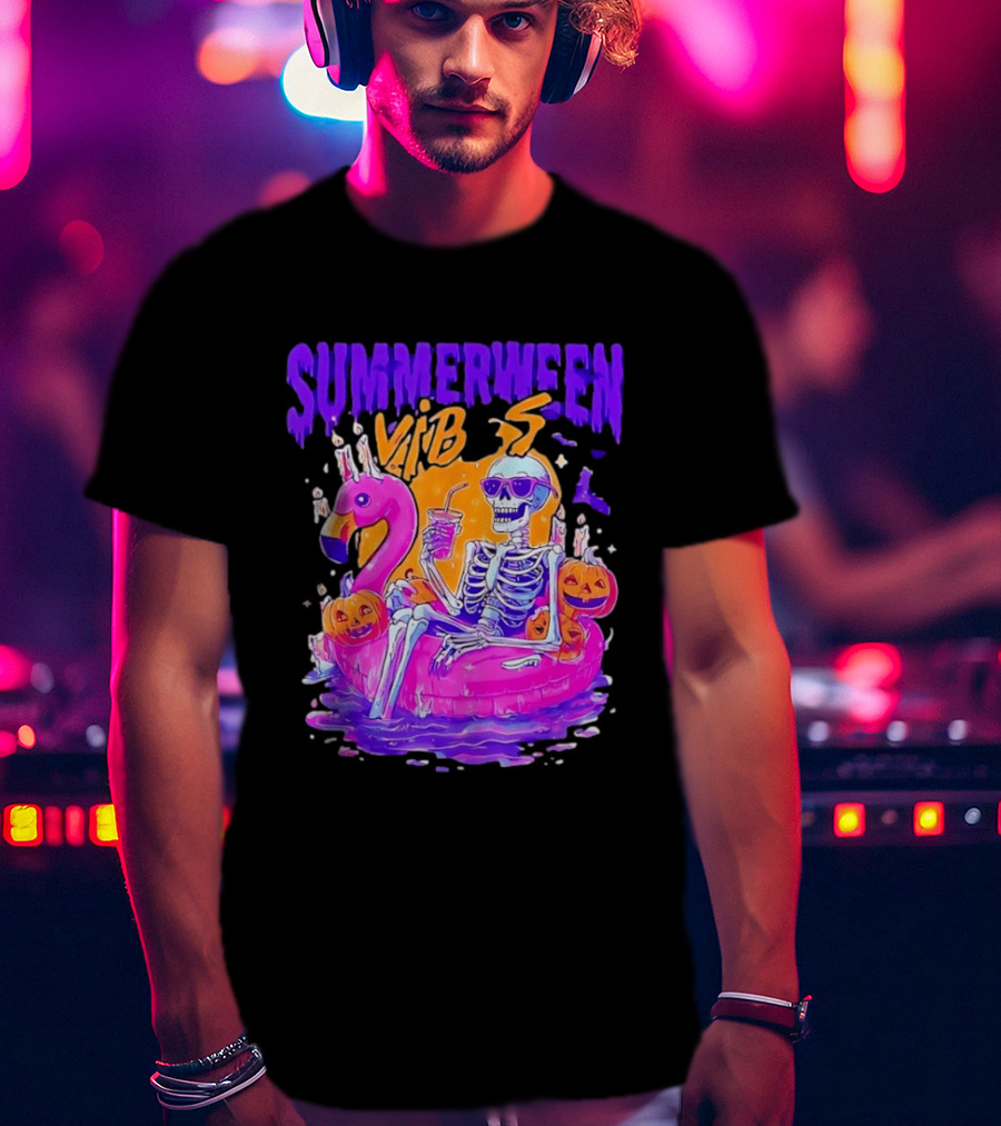 Summerween Vibes Skeleton On Flamingo With Pumpkins T-Shirt