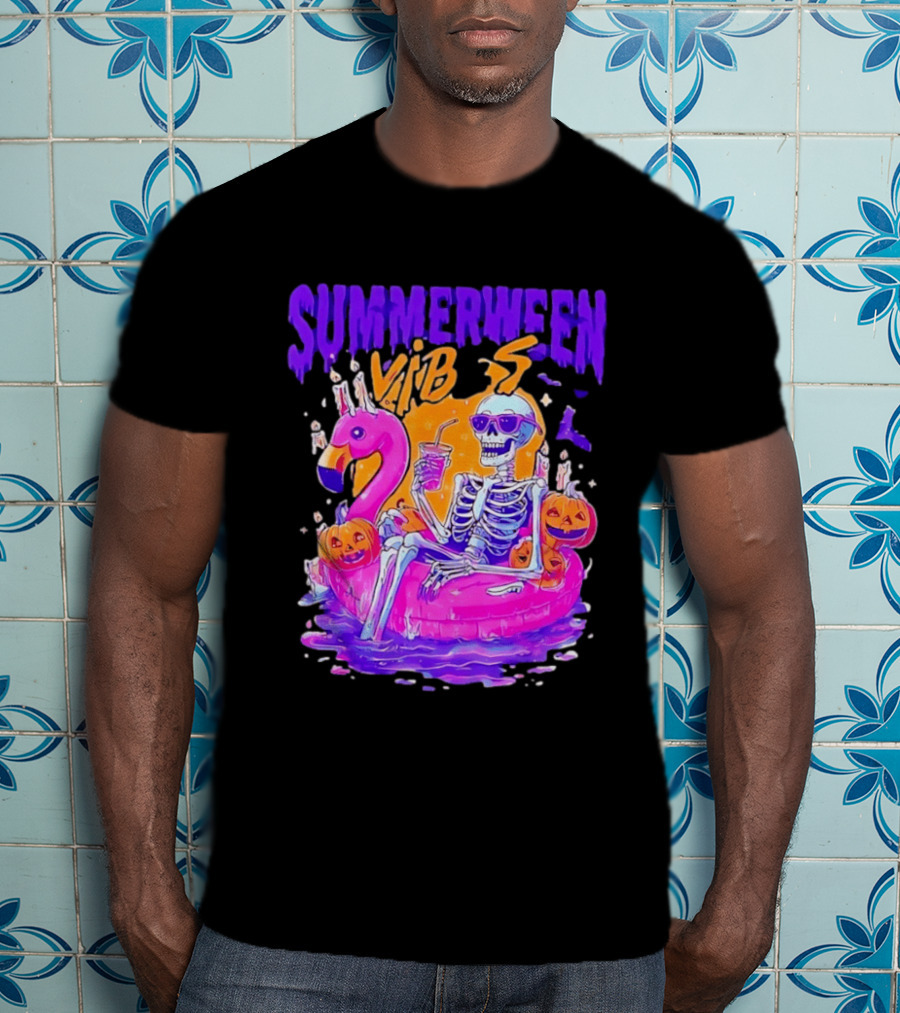 Summerween Vibes Skeleton On Flamingo With Pumpkins T-Shirt