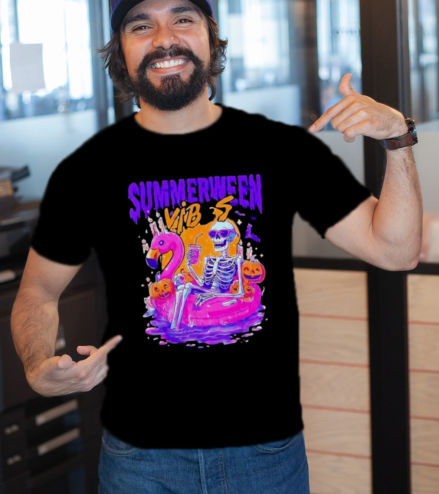 Summerween Vibes Skeleton On Flamingo With Pumpkins T-Shirt