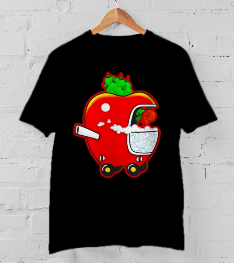 Smokey Worm Apple Cartoon Red Apple With Smoke And Wheels T-Shirt
