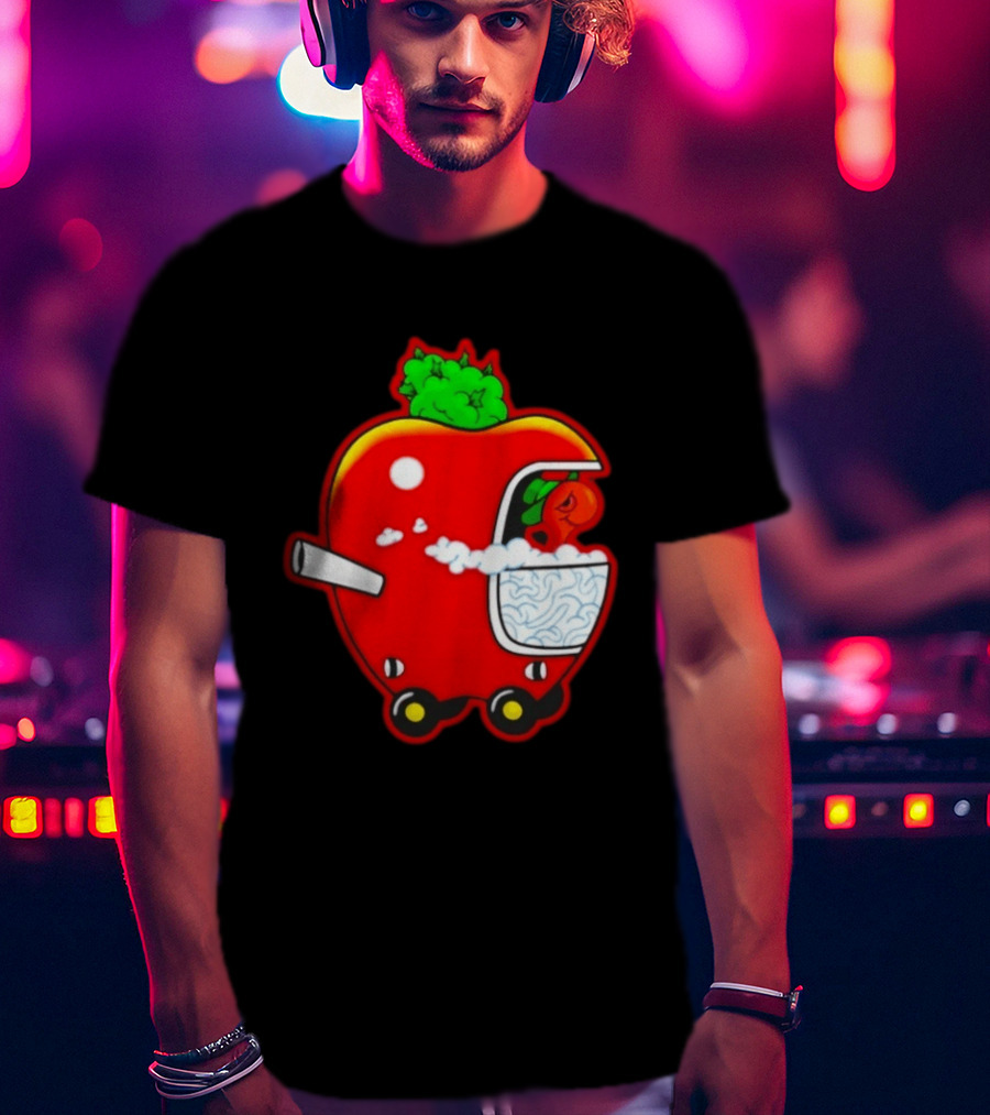 Smokey Worm Apple Cartoon Red Apple With Smoke And Wheels T-Shirt