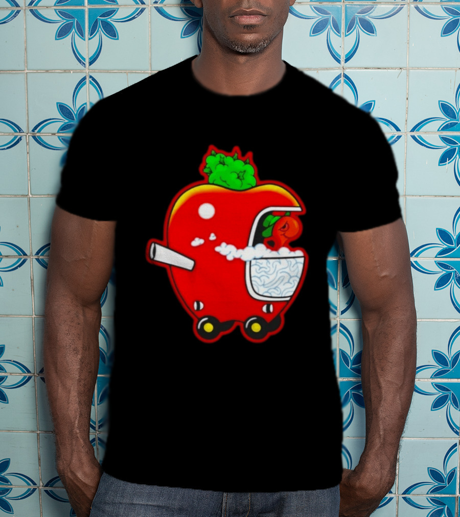 Smokey Worm Apple Cartoon Red Apple With Smoke And Wheels T-Shirt