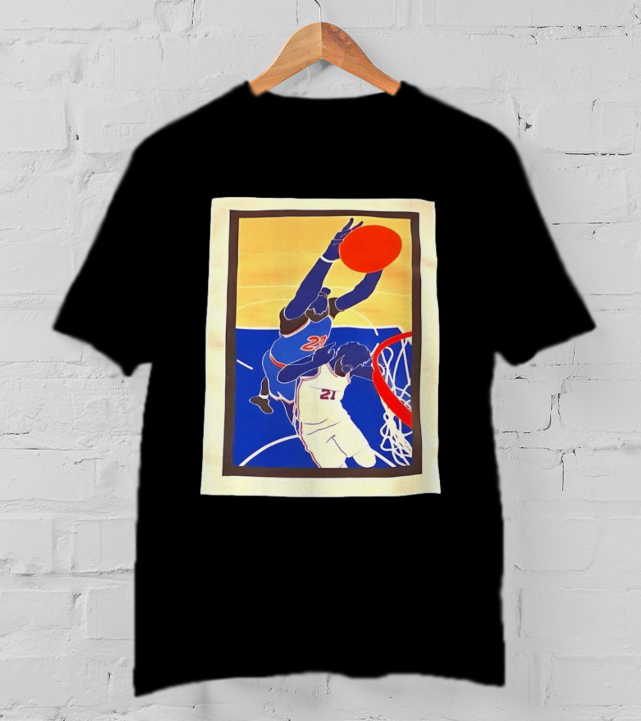 Mitchell Robinson 23 Dunking Joel Embiid 21 New York Knicks Basketball NBA 2026 T-Shirt