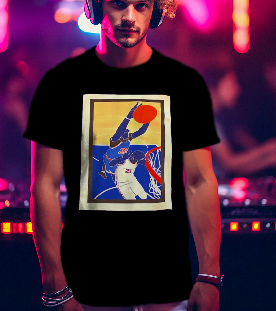 Mitchell Robinson 23 Dunking Joel Embiid 21 New York Knicks Basketball NBA 2026 T-Shirt