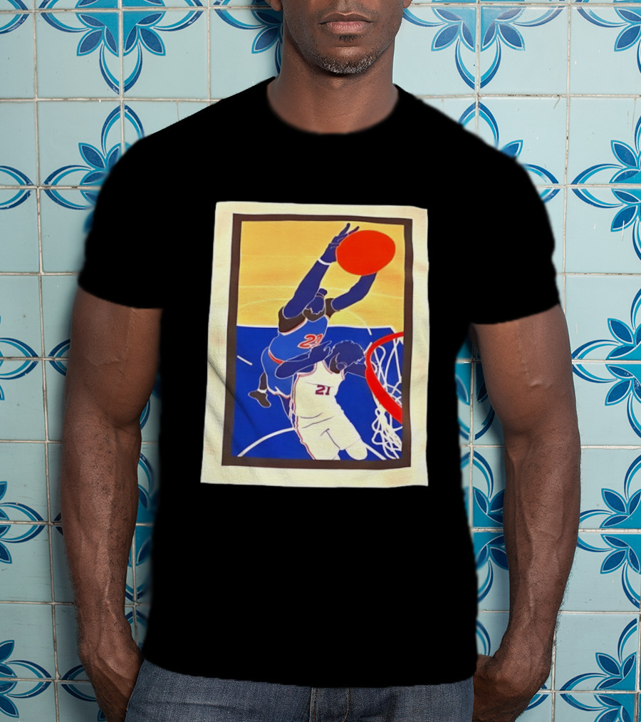 Mitchell Robinson 23 Dunking Joel Embiid 21 New York Knicks Basketball NBA 2026 T-Shirt