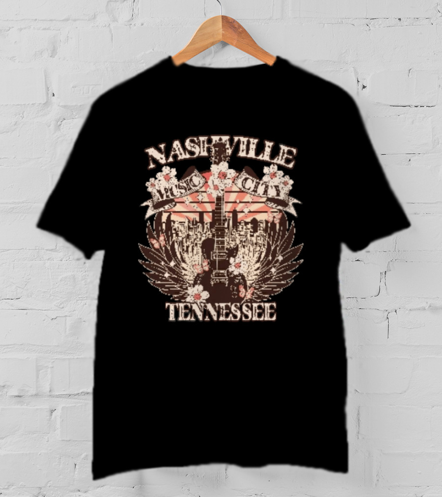 Nashville Music City Tennessee Vintage Guitar Flowers Skyline T-Shirt