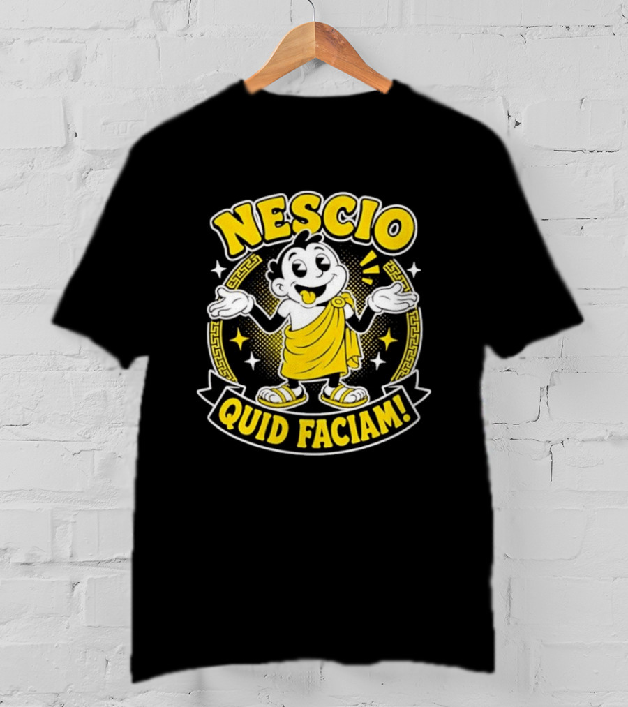 Nescio Quid Faciam Cartoon Ancient Roman Character Greek Key Border T-Shirt