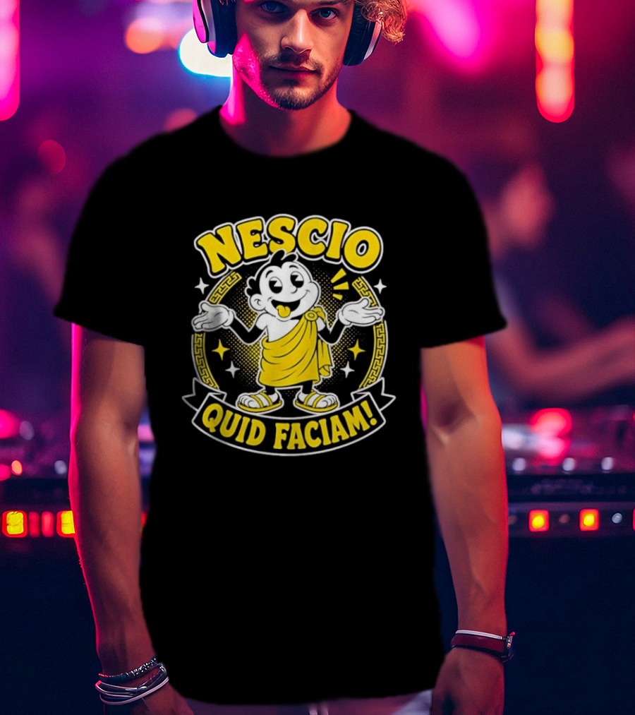 Nescio Quid Faciam Cartoon Ancient Roman Character Greek Key Border T-Shirt