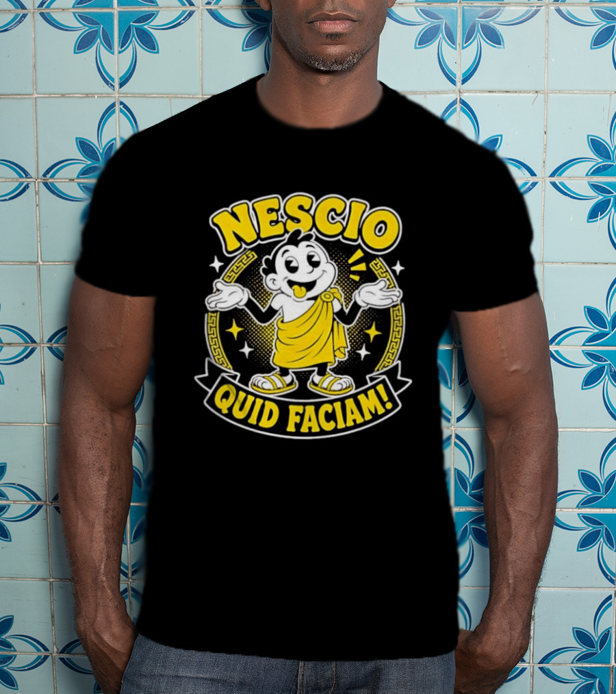 Nescio Quid Faciam Cartoon Ancient Roman Character Greek Key Border T-Shirt