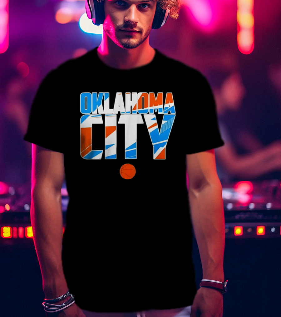 Oklahoma City Basketball Pride Colorful Lettering With Orange Basketball T-Shirt
