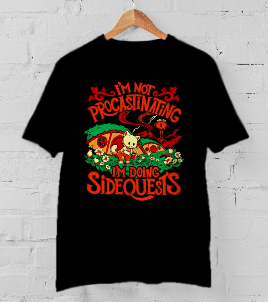 I'm Not Procrastinating I'm Doing Side Quests Cute Cat Adventure Scene T-Shirt