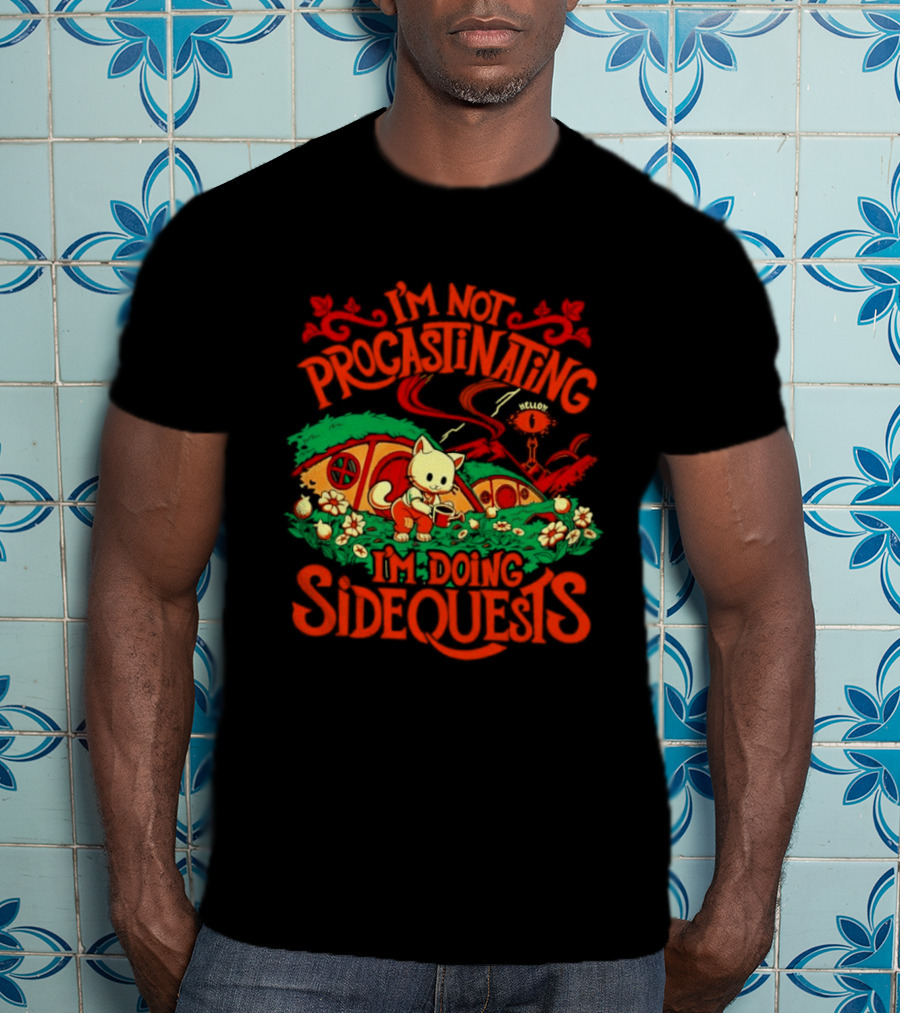 I'm Not Procrastinating I'm Doing Side Quests Cute Cat Adventure Scene T-Shirt