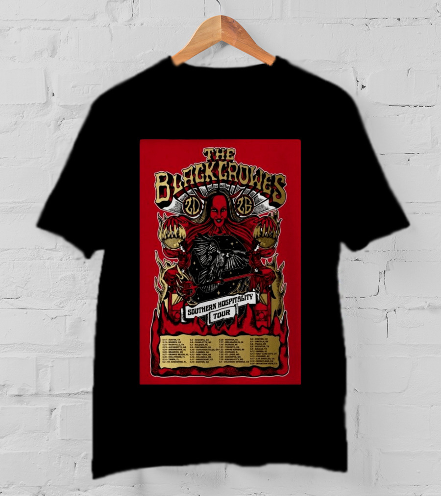 The Black Crowes Southern Hospitality Tour 2026 Red Background Gothic Crow Imagery Vintage Band Tour Dates T-Shirt