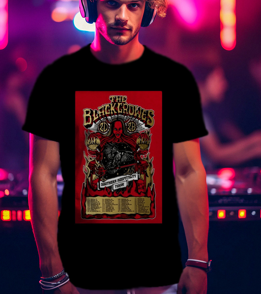 The Black Crowes Southern Hospitality Tour 2026 Red Background Gothic Crow Imagery Vintage Band Tour Dates T-Shirt