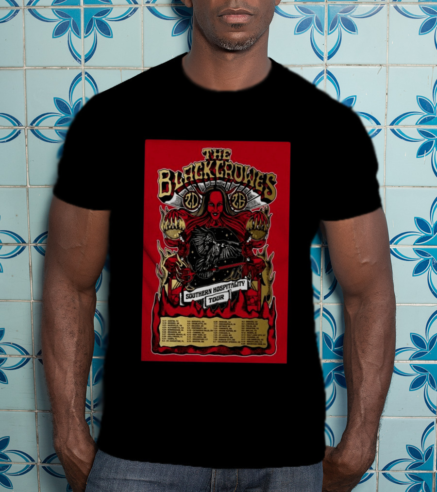 The Black Crowes Southern Hospitality Tour 2026 Red Background Gothic Crow Imagery Vintage Band Tour Dates T-Shirt