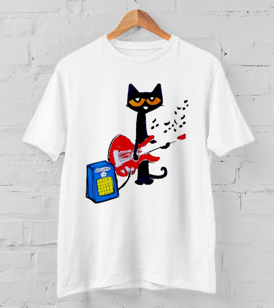 Pete The Cat Playing Red Guitar With Volume Amplifier Music Notes T-Shirt
