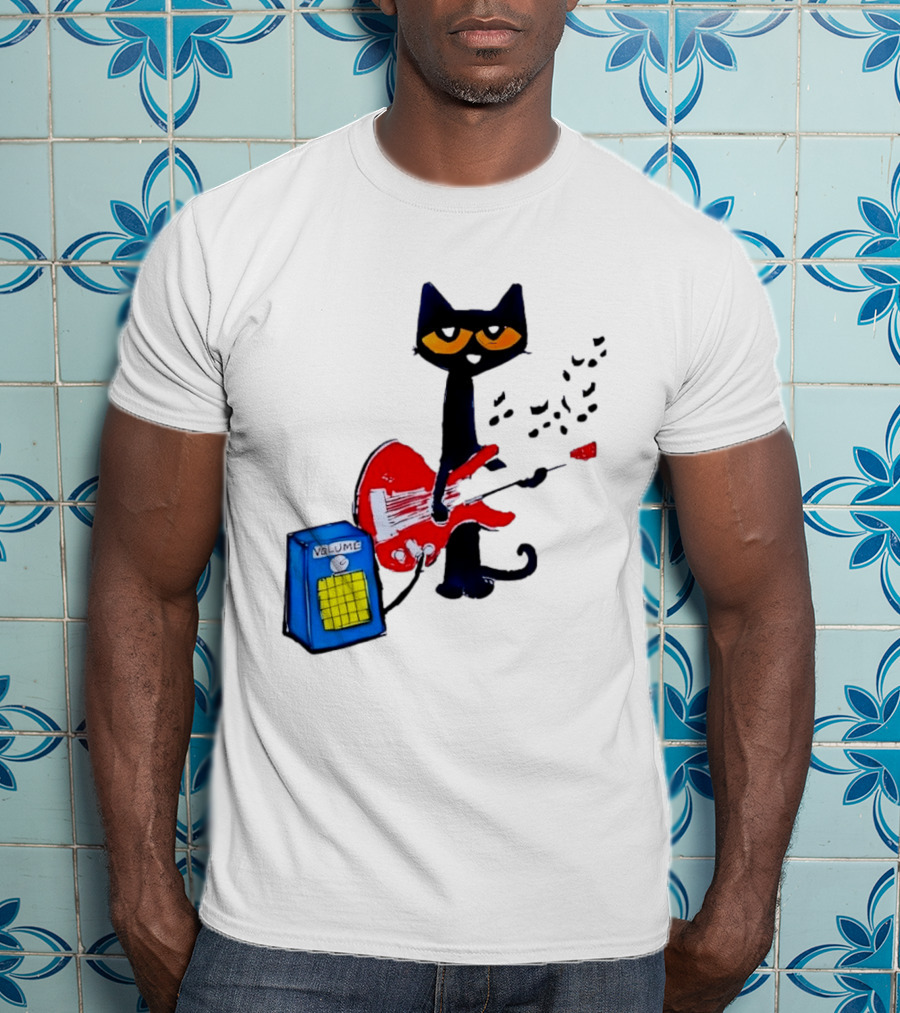Pete The Cat Playing Red Guitar With Volume Amplifier Music Notes T-Shirt