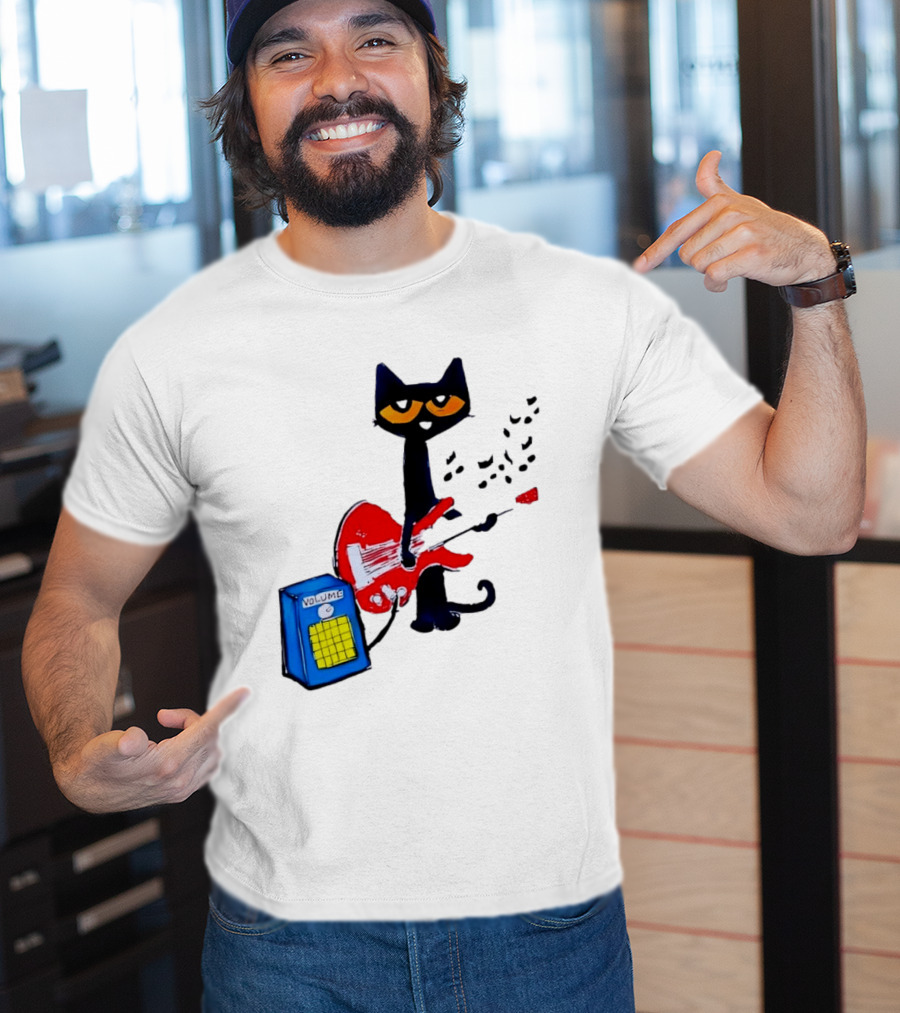 Pete The Cat Playing Red Guitar With Volume Amplifier Music Notes T-Shirt