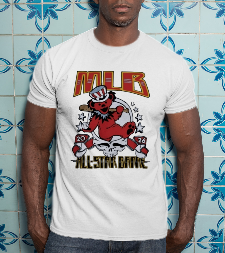 MLB 2026 All Star Game Grateful Dead Bear With Bat Patriotic Hat T-Shirt