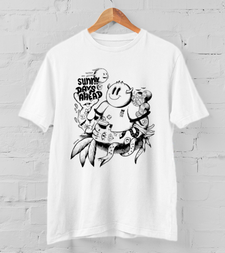 Sunny Days Ahead Monster Doodle Happy Cartoon Character With Flowers T-Shirt