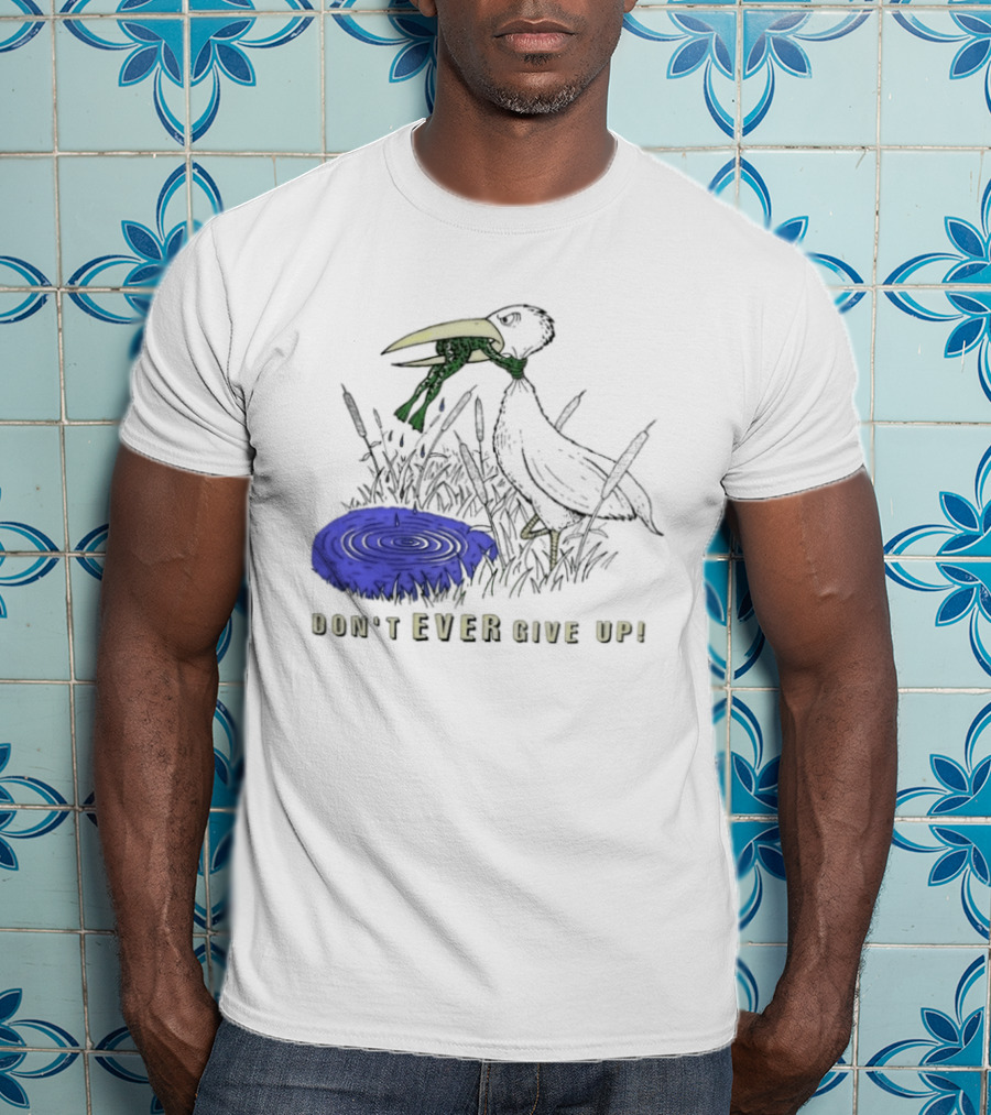 Frog Vs Bird Struggle Never Give Up Inspiring Cartoon Scene T-Shirt