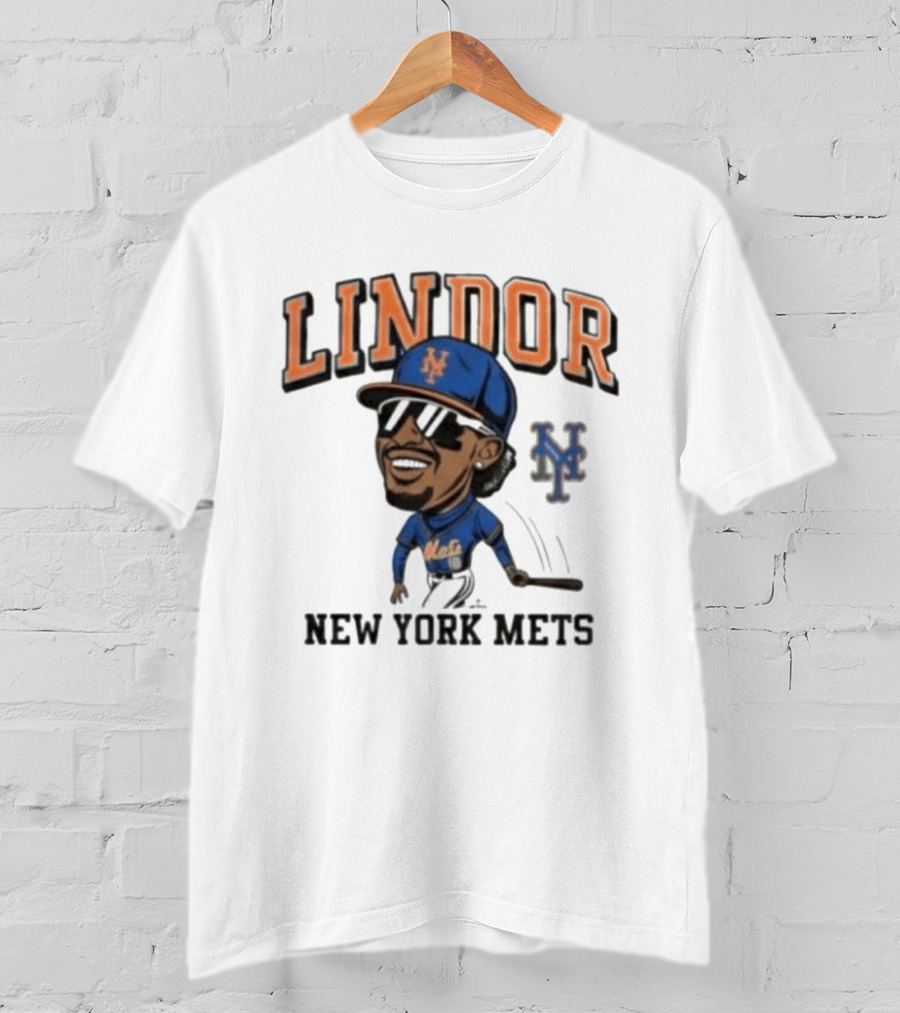 Lindor New York Mets 26 Caricature Baseball Player With Cap T-Shirt