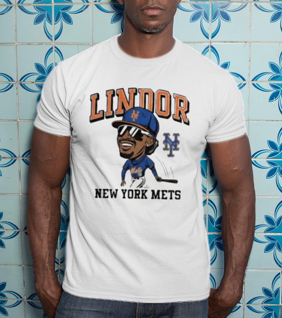 Lindor New York Mets 26 Caricature Baseball Player With Cap T-Shirt