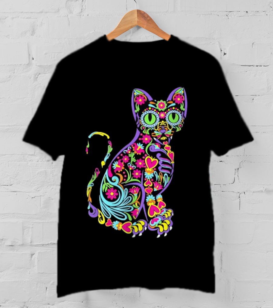 Sugar Skull Cat With Vibrant Floral T-Shirt