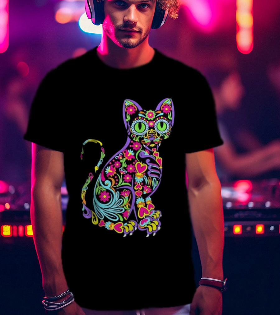 Sugar Skull Cat With Vibrant Floral T-Shirt