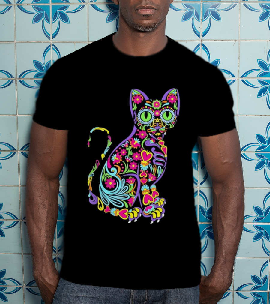 Sugar Skull Cat With Vibrant Floral T-Shirt