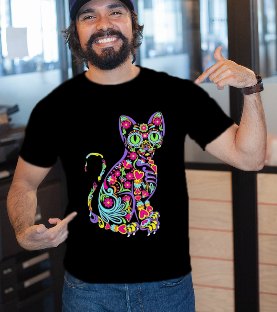 Sugar Skull Cat With Vibrant Floral T-Shirt