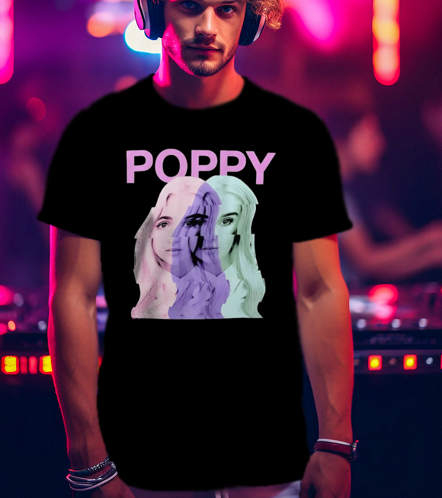 Poppy Digital Muse Glitch Faces Tricolor T-Shirt