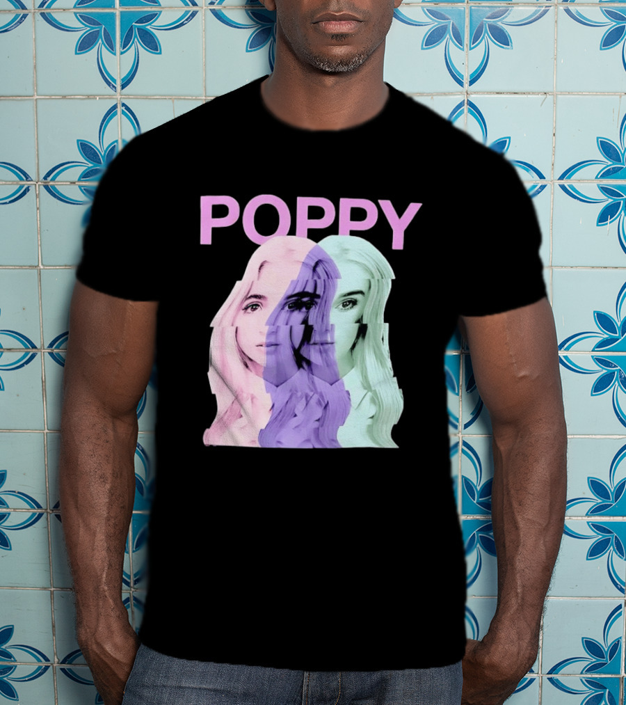 Poppy Digital Muse Glitch Faces Tricolor T-Shirt
