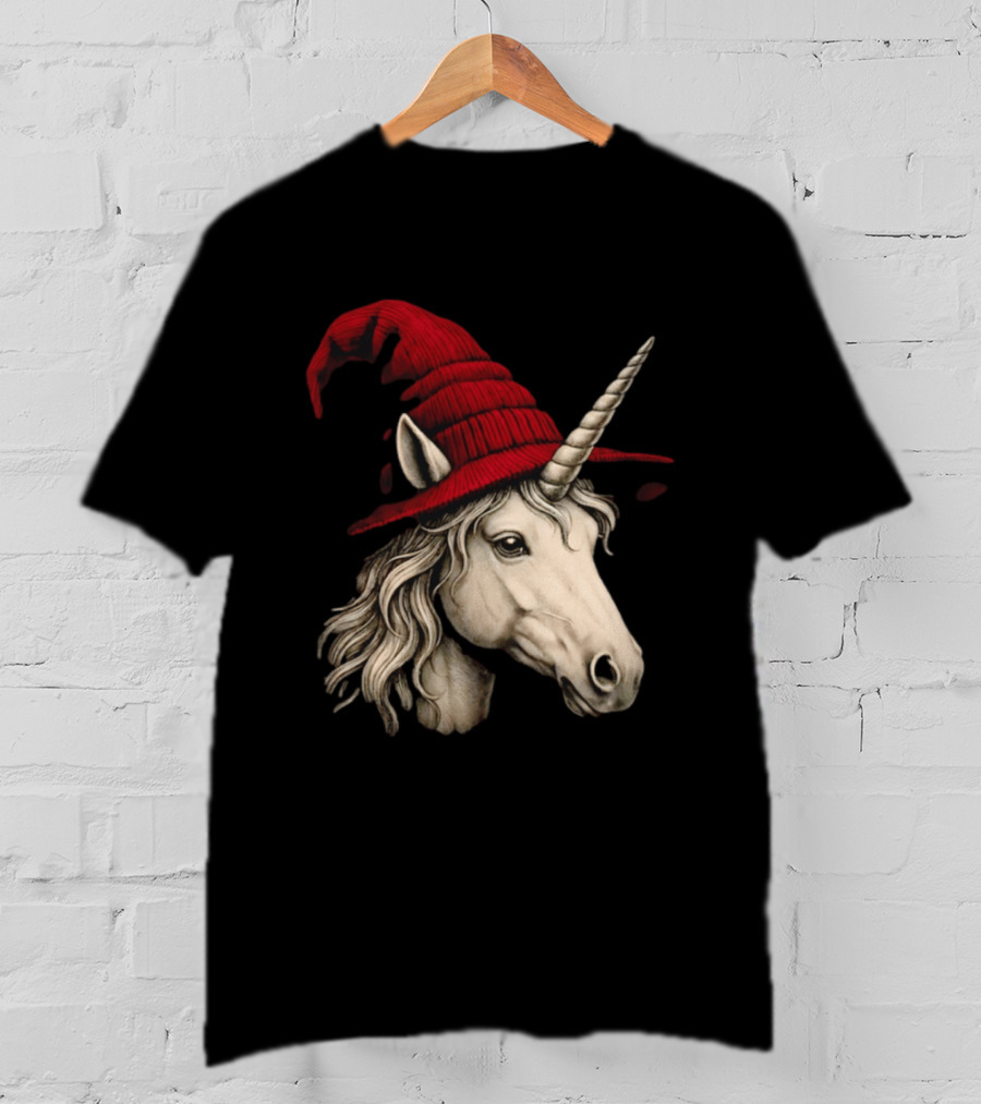 Unicorn With Red Wizard Witch Hat Beanie T-Shirt