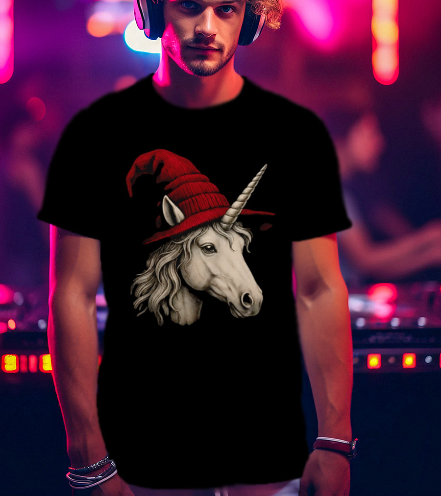 Unicorn With Red Wizard Witch Hat Beanie T-Shirt