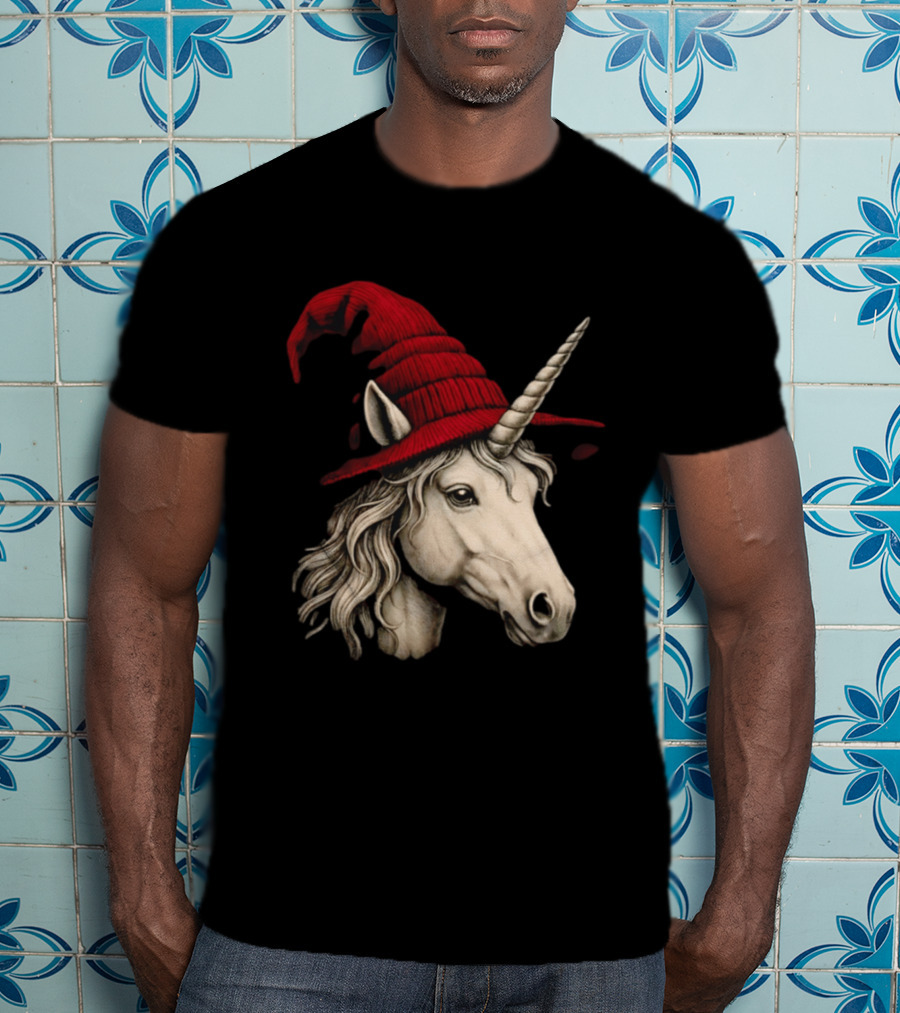 Unicorn With Red Wizard Witch Hat Beanie T-Shirt