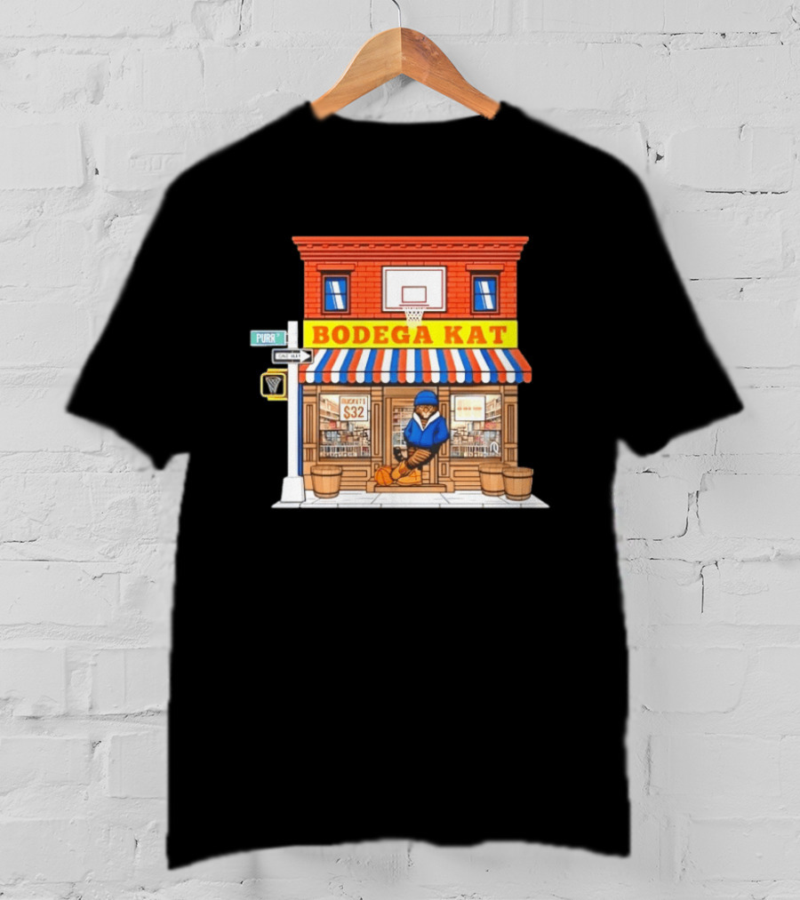 Bodega KAT New York Knicks Basketball Street Scene Purr Street Sign T-Shirt