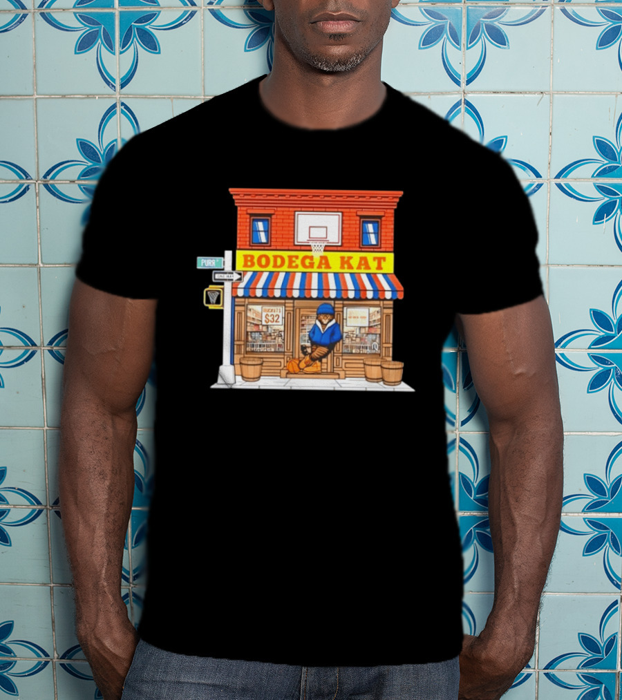Bodega KAT New York Knicks Basketball Street Scene Purr Street Sign T-Shirt