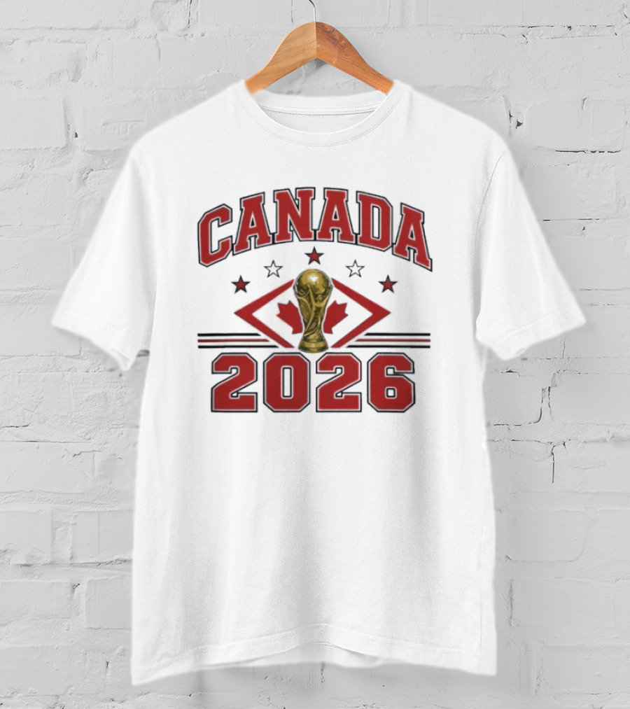 Canada 2026 Football World Cup Trophy And Maple Leaf T-Shirt