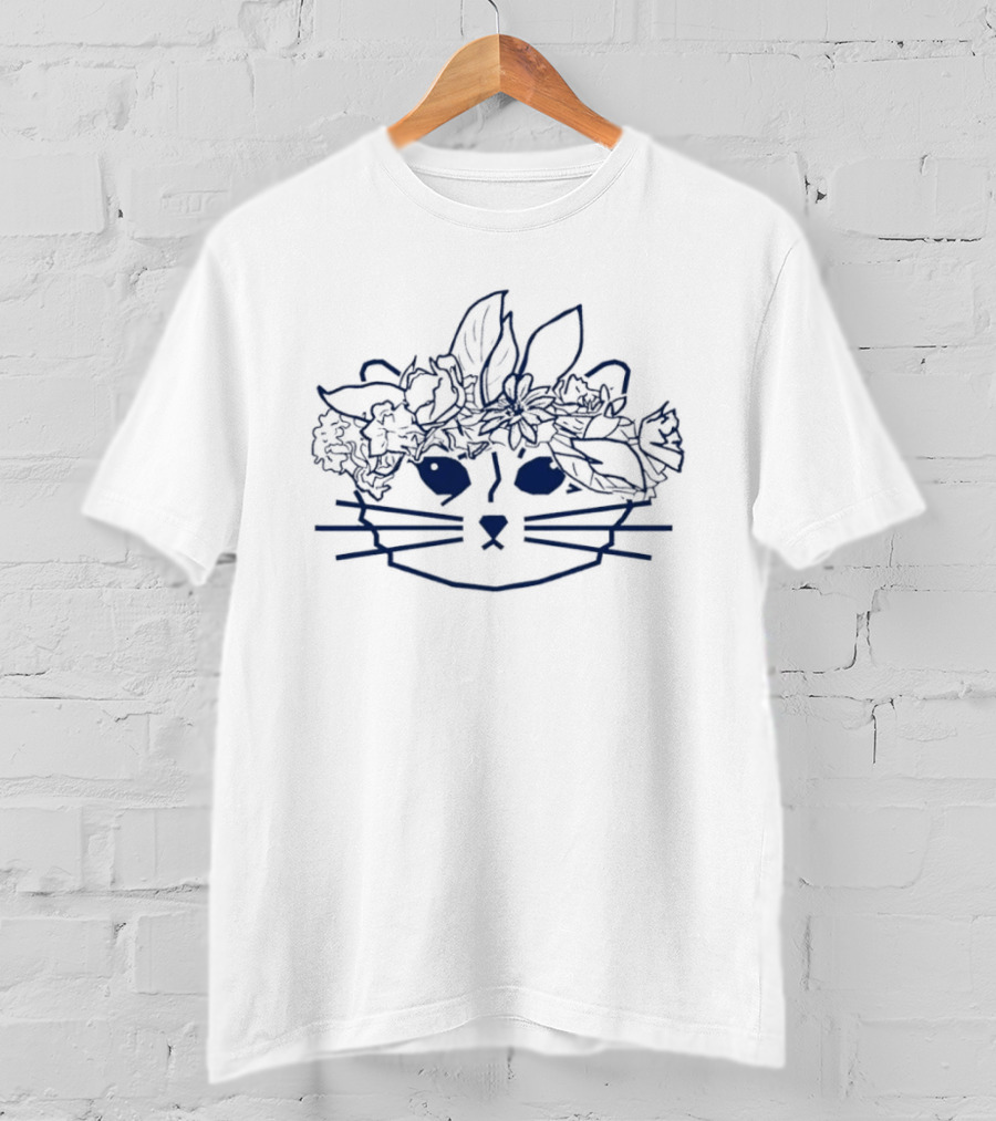Floral Crown Cat Lover Line Art Whiskers Flowers Leaves T-Shirt