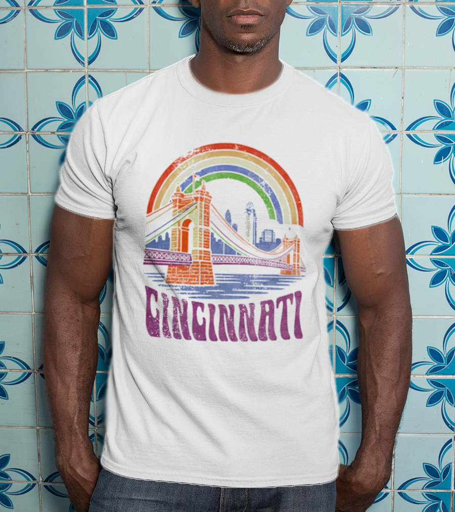 Cincinnati Roebling Bridge Rainbow Skyline Proud Of Our City T-Shirt
