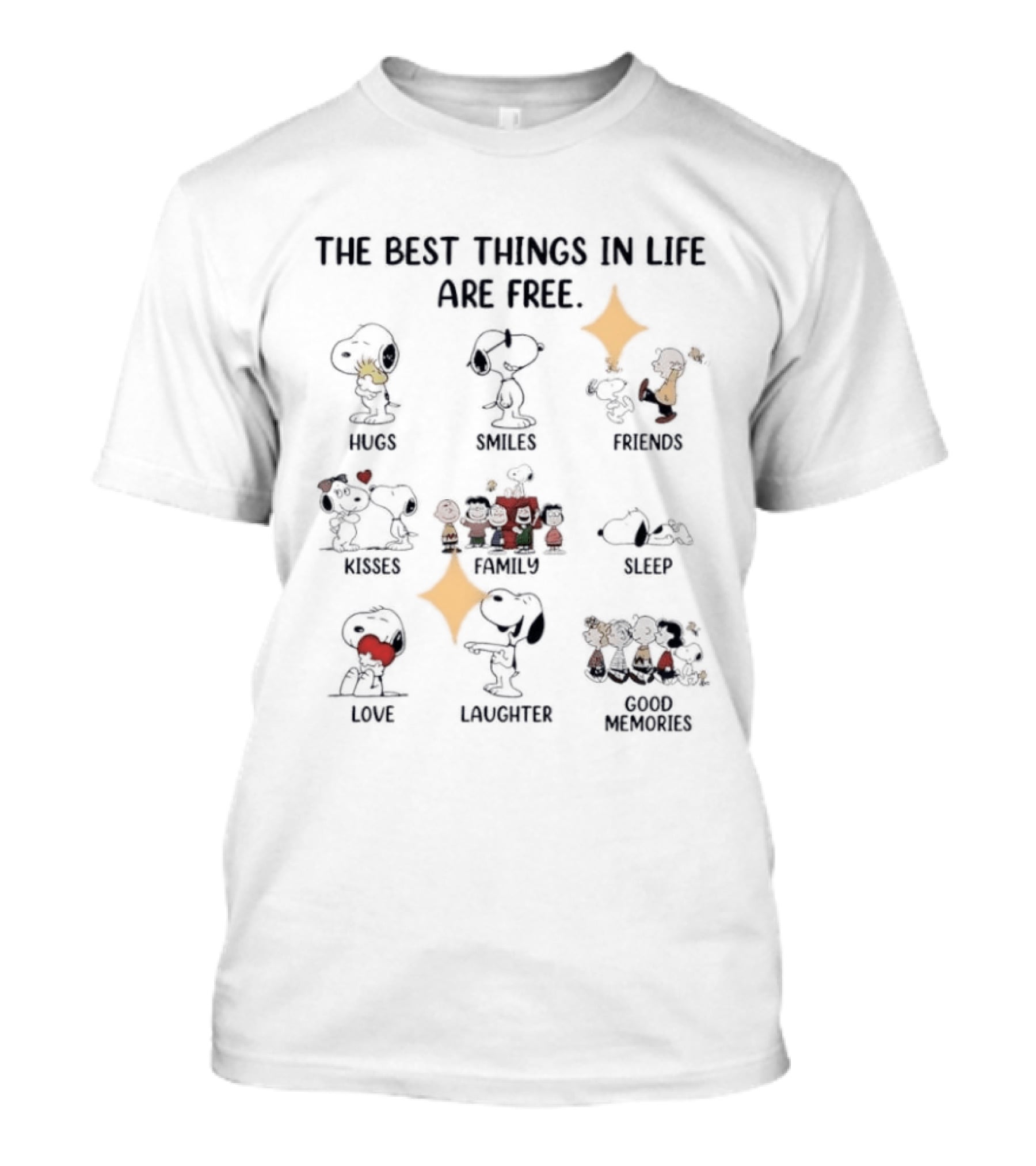Peanuts Gang The Best Things In Life Are Free Hugs Smiles Friends Kisses Sleep Love Laughter Good Memories T-Shirt