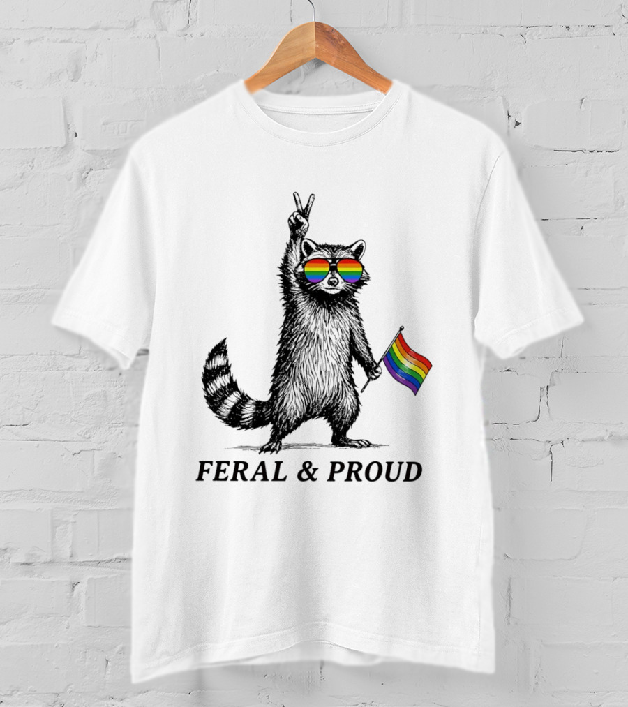 Feral And Proud Raccoon Peace Sign Rainbow Sunglasses Flag T-Shirt