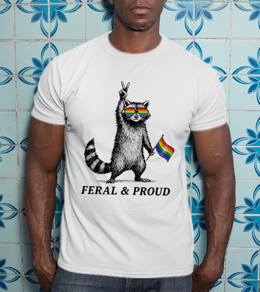 Feral And Proud Raccoon Peace Sign Rainbow Sunglasses Flag T-Shirt