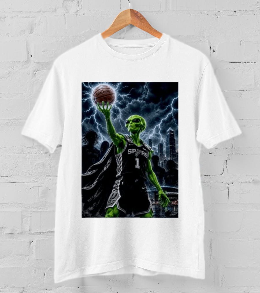NBA Spurs Alien Spalding Basketball Hovering In Stormy City Skyline T-Shirt