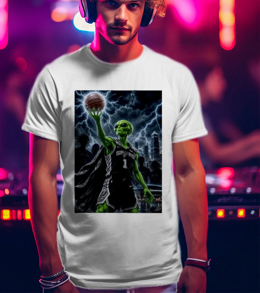 NBA Spurs Alien Spalding Basketball Hovering In Stormy City Skyline T-Shirt