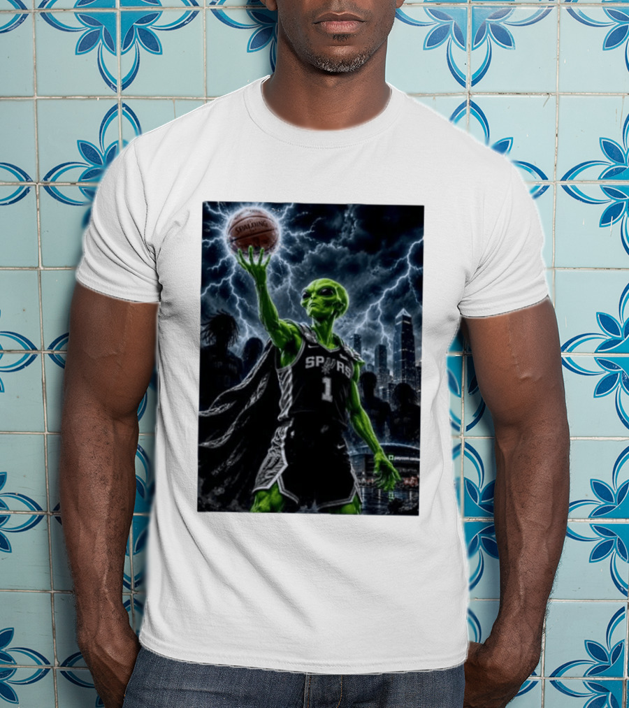 NBA Spurs Alien Spalding Basketball Hovering In Stormy City Skyline T-Shirt