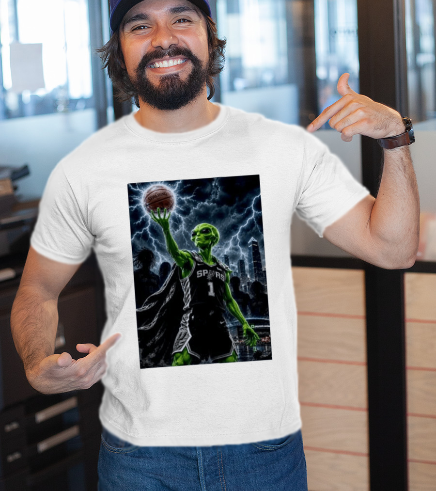 NBA Spurs Alien Spalding Basketball Hovering In Stormy City Skyline T-Shirt