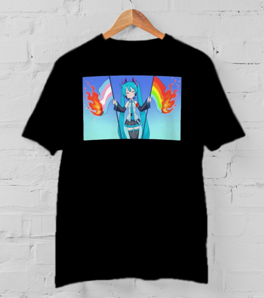 Anime Vocaloid Miku Holding Burning Transgender And Rainbow Flags Controversial Pride Month 2026 T-Shirt
